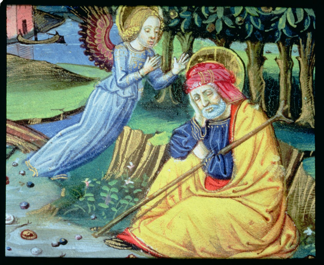 Fol.37v En engel forteller Josef at Maria er med barn (vellum) av Italian School