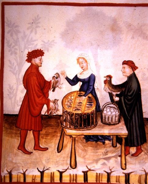 Fol.67r The Sale of Young Doves, illustrasjon fra 