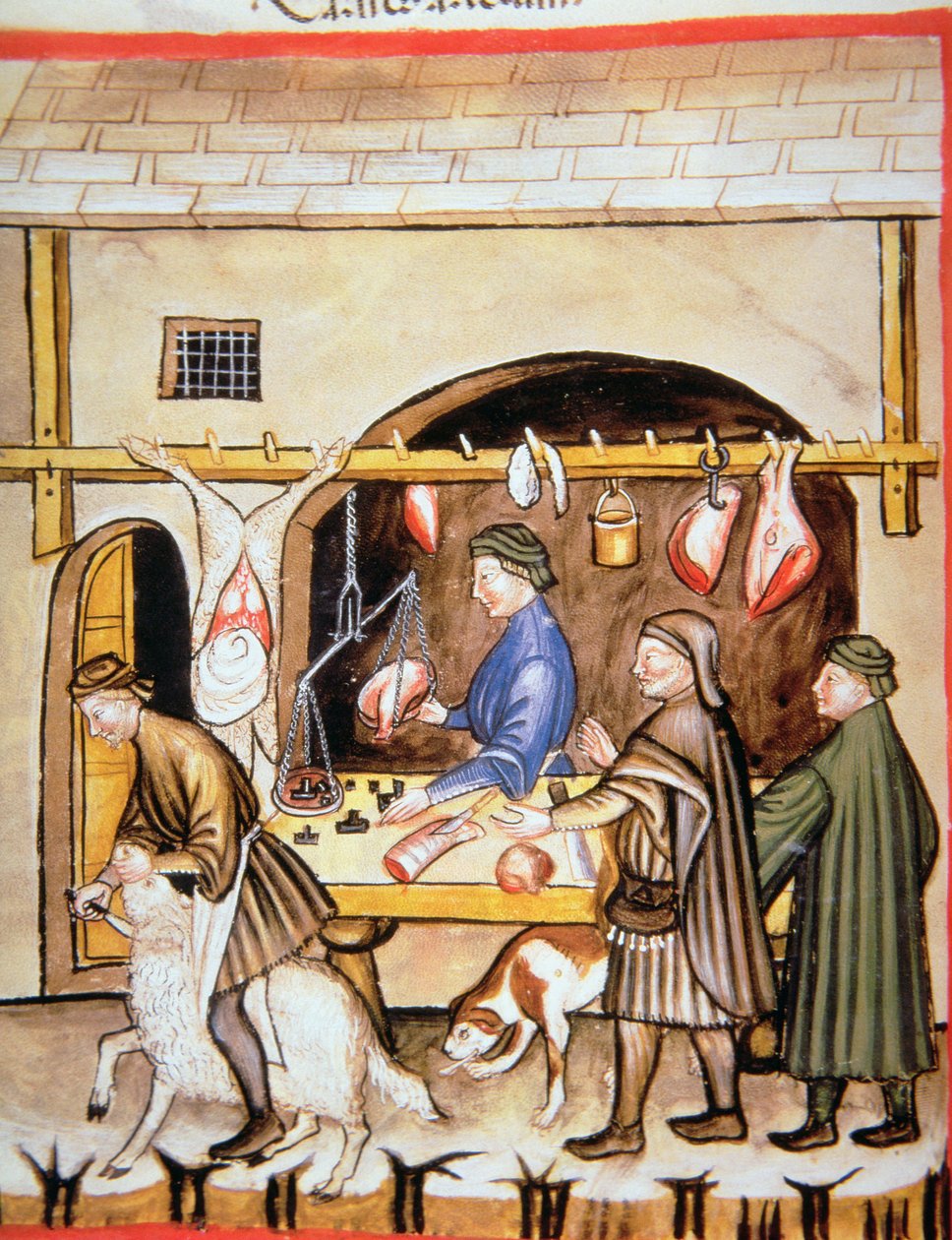 Fol.72v The Butchers: Selling Mutton, illustrasjon fra Tacuinum Sanitatis av Italian School