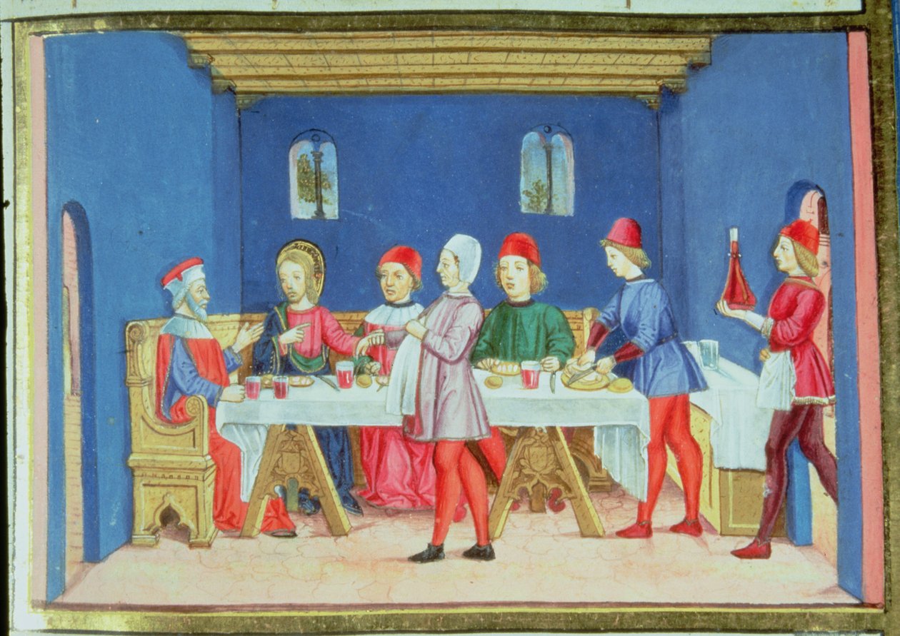 Fol.75v Jesus under måltidet i fariseerens hus spør om han får lov til å helbrede på sabbaten (vellum) av Italian School