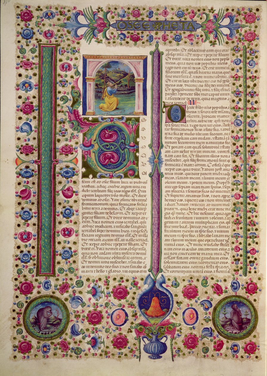Fol.87v Åpning av boken til profeten Hosea (en mindre profet som forkynner mot avgudsdyrkende jøder), fra Borso d