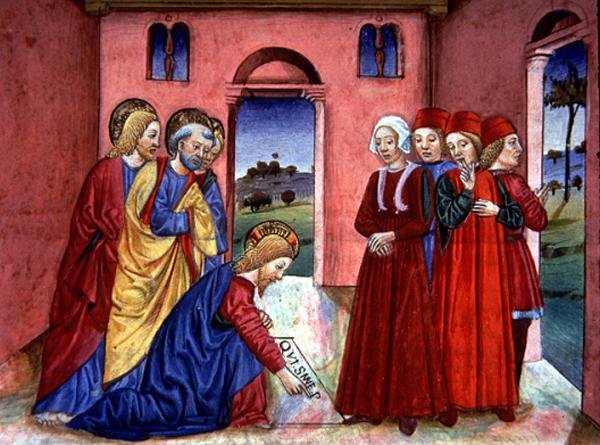 Fol.89r Kristus skriver på gulvet i templet 