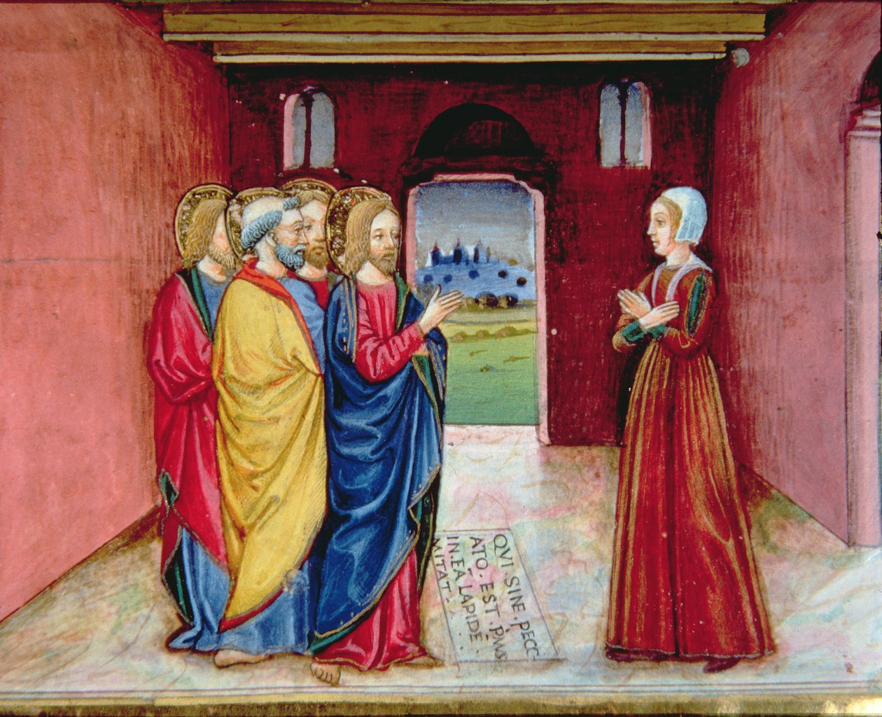 Fol.89v Kristus advarer horkvinnen om ikke å synde lenger (vellum) av Italian School