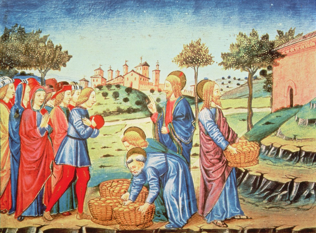 Fol.90v Kristus og miraklet med de fem brødene og to fiskene (vellum) av Italian School