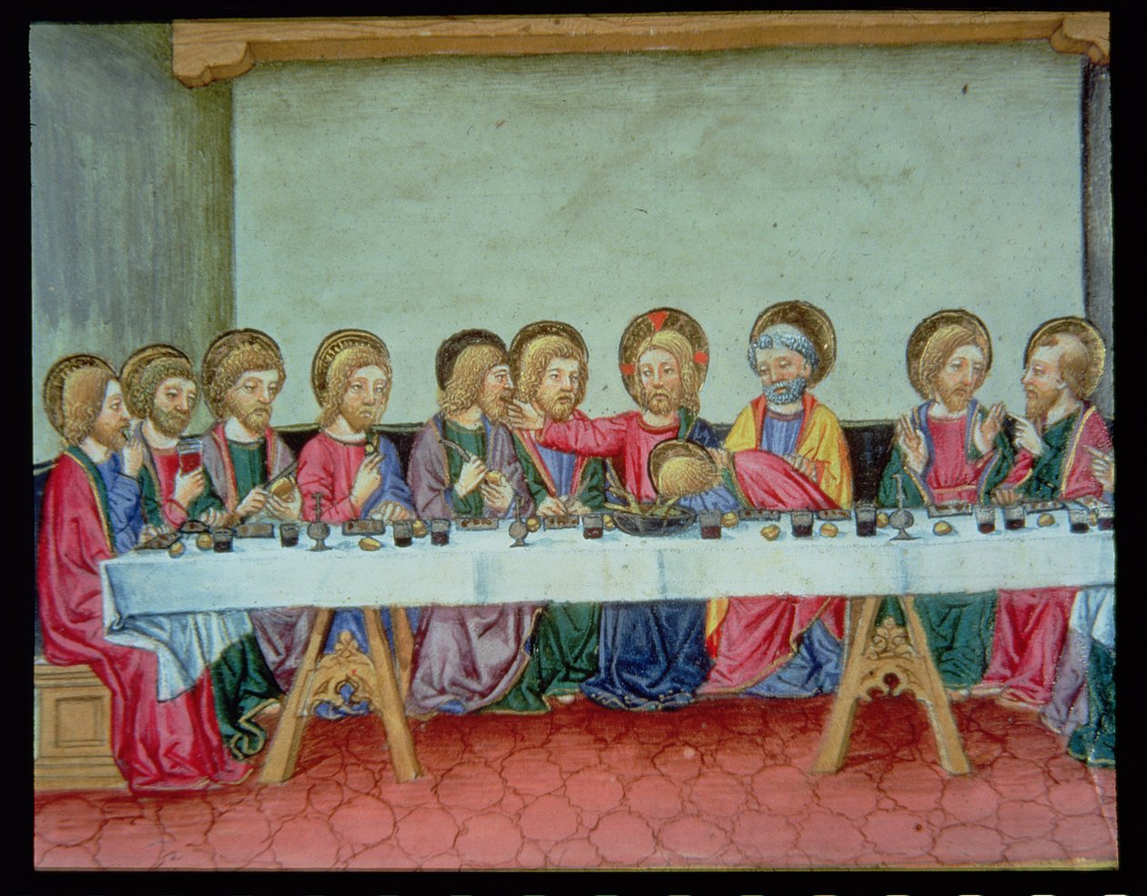 Fol.99v Under det siste måltid kunngjør Kristus at en av apostlene vil forråde ham (vellum) av Italian School