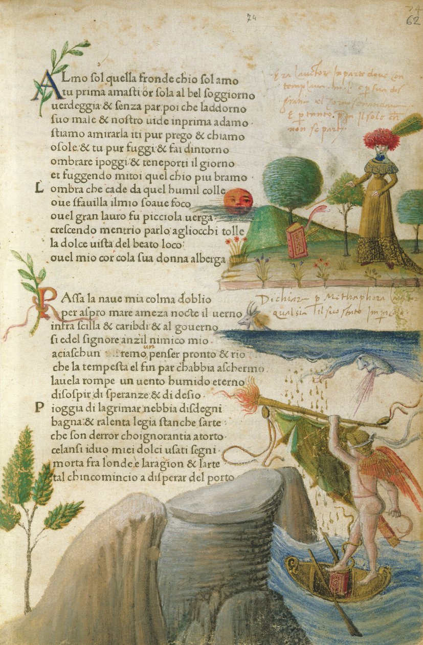 Fol. 62r, 'Almo Sol, quel fronde ch'io sol amo', fra 'Canzoniere e Trionfi' av Petrarch, ca. 1470 av Italian School