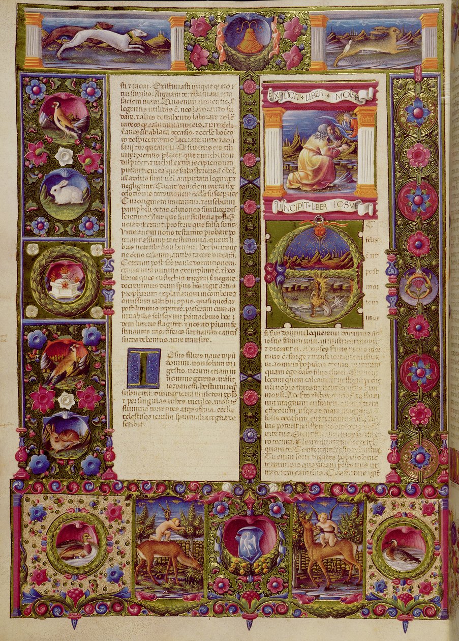 Fol. Slutten av Mosebok, begynnelsen av Josvas bok, fra Borso d'Este-bibelen. Volum 2 (vellum) av Italian School