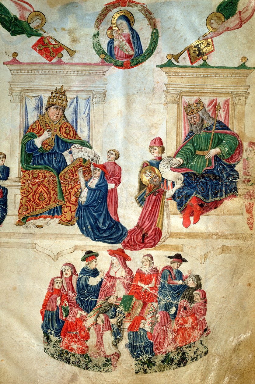 Stiftelsen av universitetet i Bologna av keiser Theodosius II (408-450) og privilegiene gitt av pave Paul II (1417-71) (vellum) av Italian School