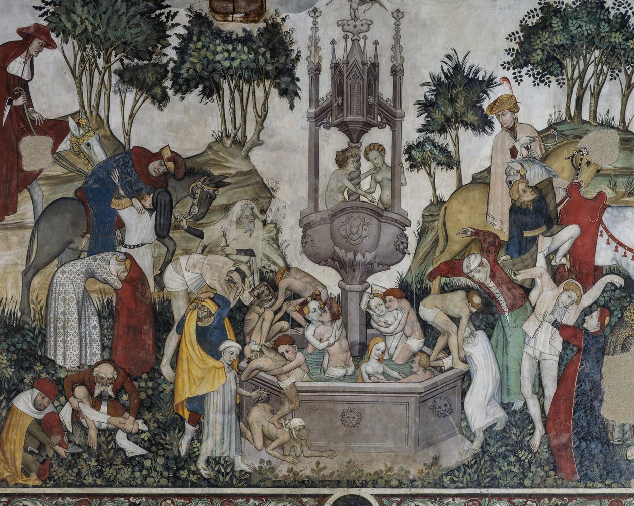Fountain of Youth, detalj fra Fountain of Youth, freskomaleri i Baronial Hall, Castle of Manta, Saluzzo, Piemonte, Italia av Italian School