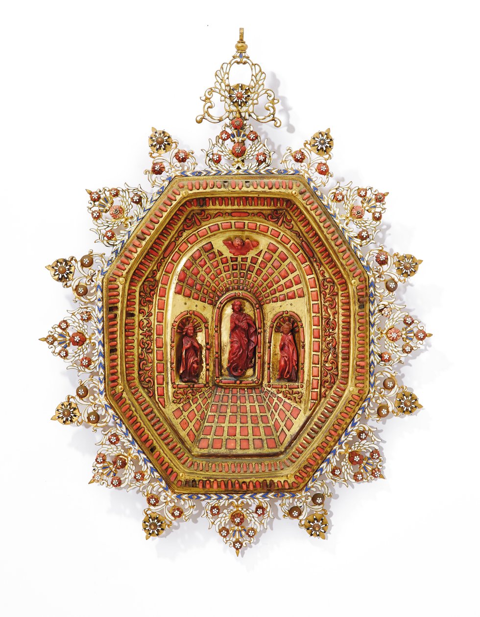 Ramme som viser Jomfru Maria, Trapani, tidlig på 1600-tallet (forgylt kobber, emalje og koraller) av Italian School