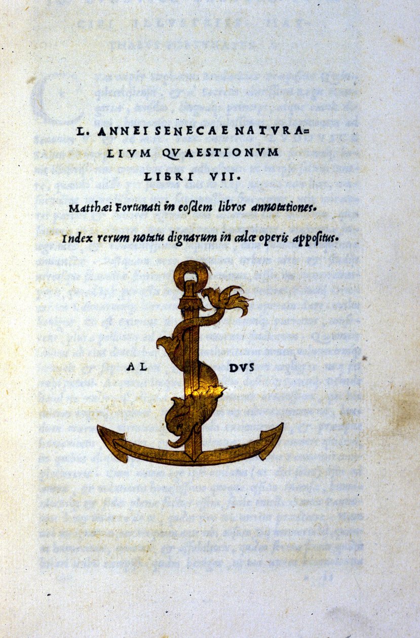 Frontispice av "Natural Questions Book VII" eller "Natural Questions Book VII" av Seneque the Philosopher eller Lucius Annaeus Seneca (2 f.Kr. - 65 AD). JC), trykt i 1503 av Aldo Manuzio (Alde Manonce) (1450 - 1515), venetiansk lærd og skriver. av Italian School