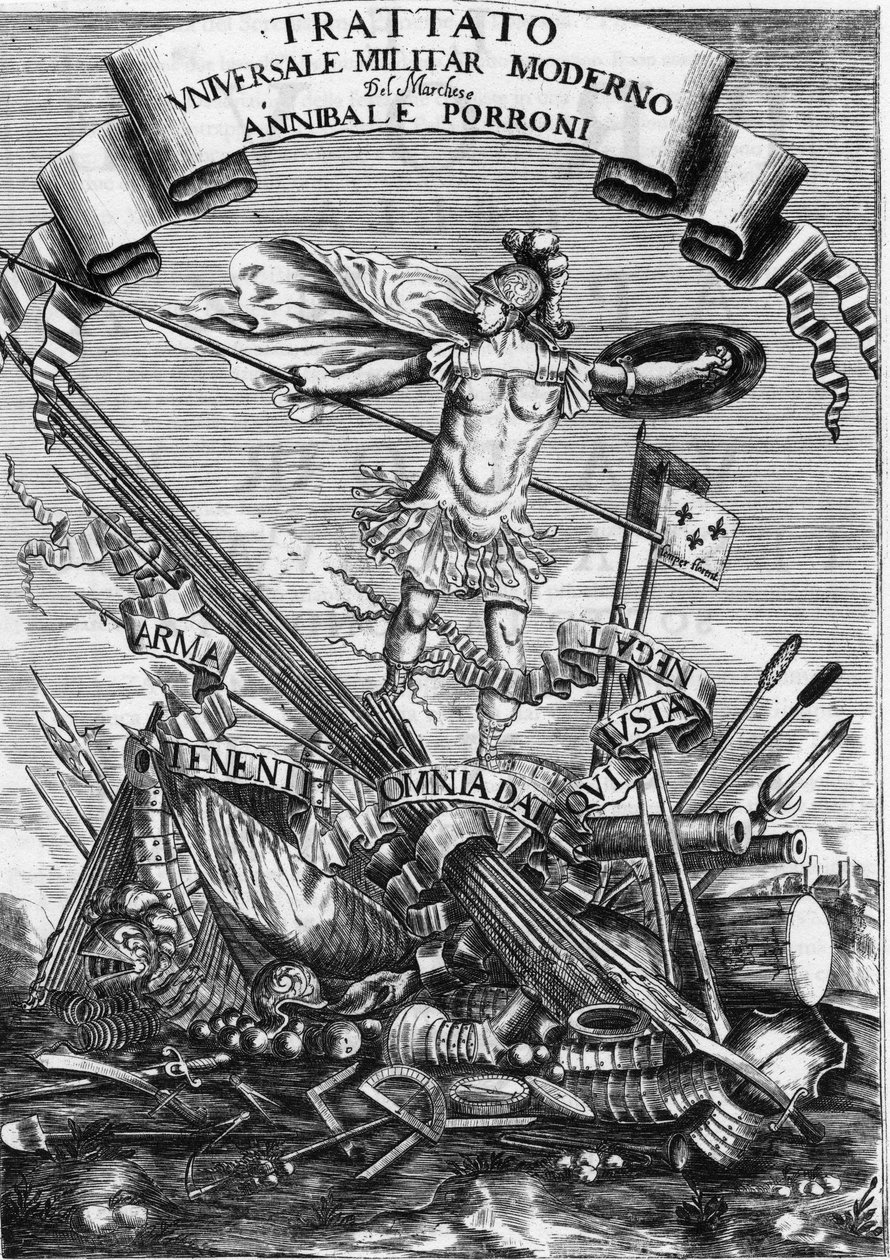 Frontispice av "Modern Universal Military Treaty" "(Modern Universal Military Treaty) av 1676 av Italian School