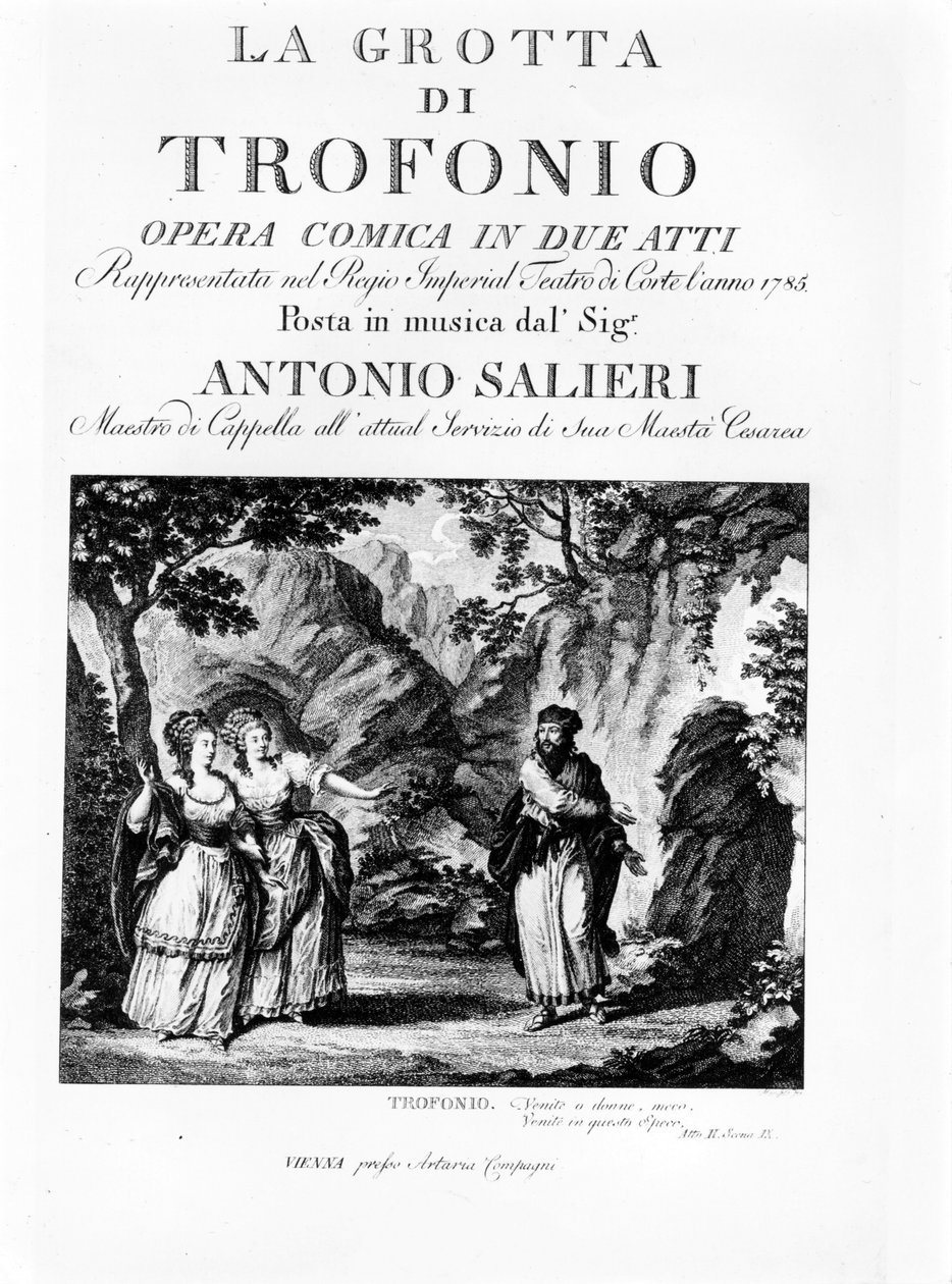 Frontispice av librettoen til La Grotta di Trofonio, komisk opera i 2 akter av Antonio Salieri (1750 - 1825). 1785 av Italian School