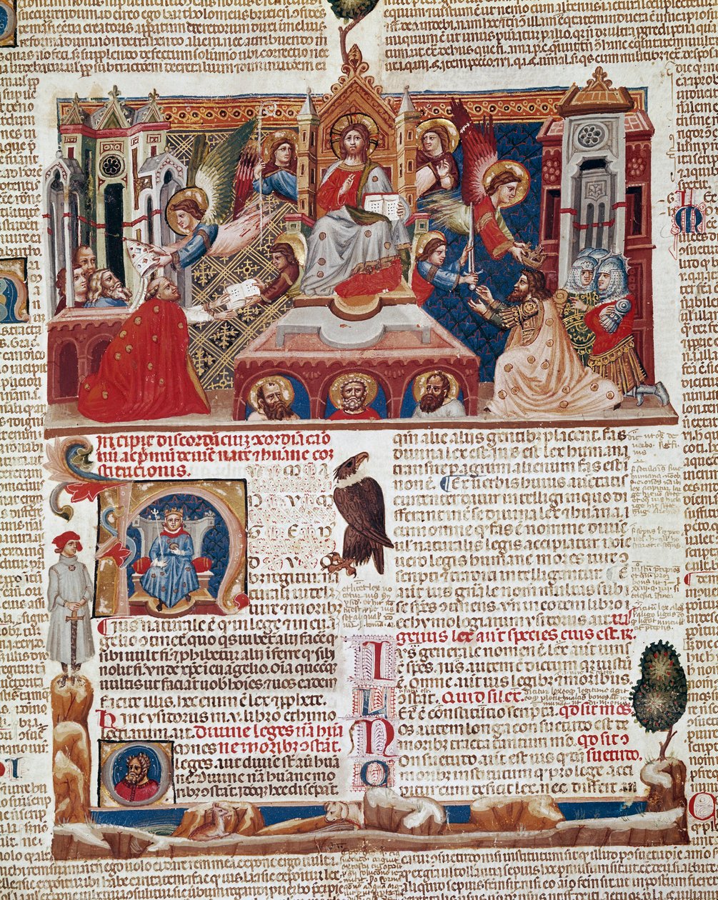 Forside av manuskriptet til "Decret de Gratien" ("Concordia discordantiorum canonum" eller "Decretum Gratiani") dateres fra 1140 og regulerer lovene og kanonene til den romersk-katolske kirke. Siena fra 1300-tallet, Biblioteca degli Intronati av Italian School