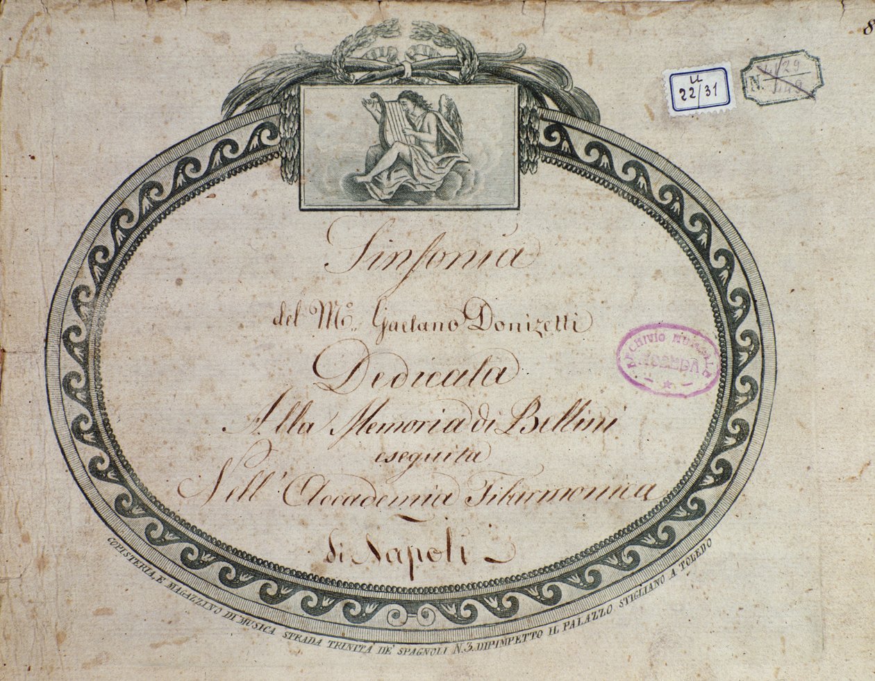 Frontispice detalj av "Symfoni i Es-dur: dedikert til minnet om Bellini" av Gaetano Donizetti (1797-1848). av Italian School