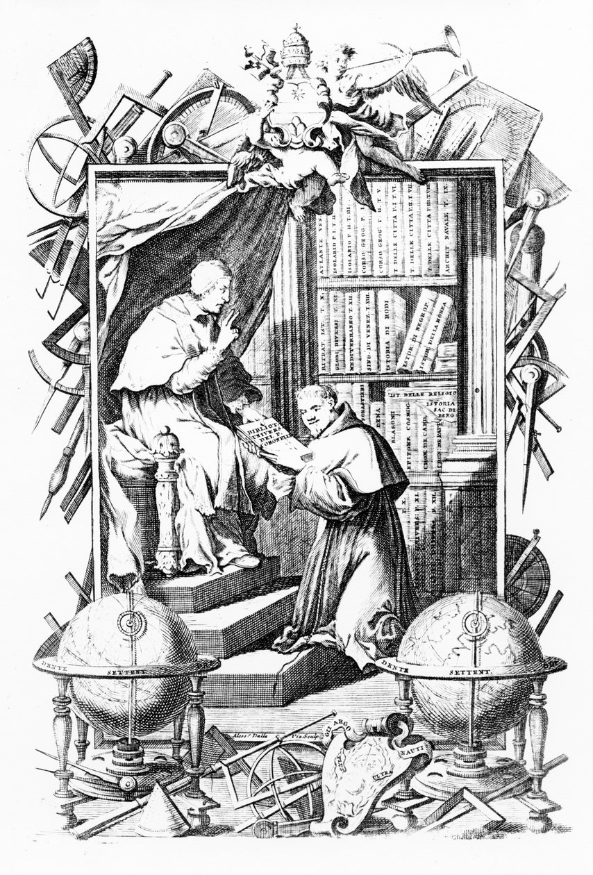 Frontispice for Sacred-Profane Universal Library, Vol. 1 av Vincenzo Coronelli, trykk laget av Alessandro dalla Via, utgitt 1701 av Italian School