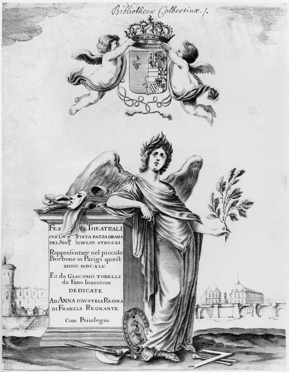 Frontispice for Feste theatrali per la Finta Pazza fremført i 1645 på Theatre Petit Bourbon i Paris av Italian School