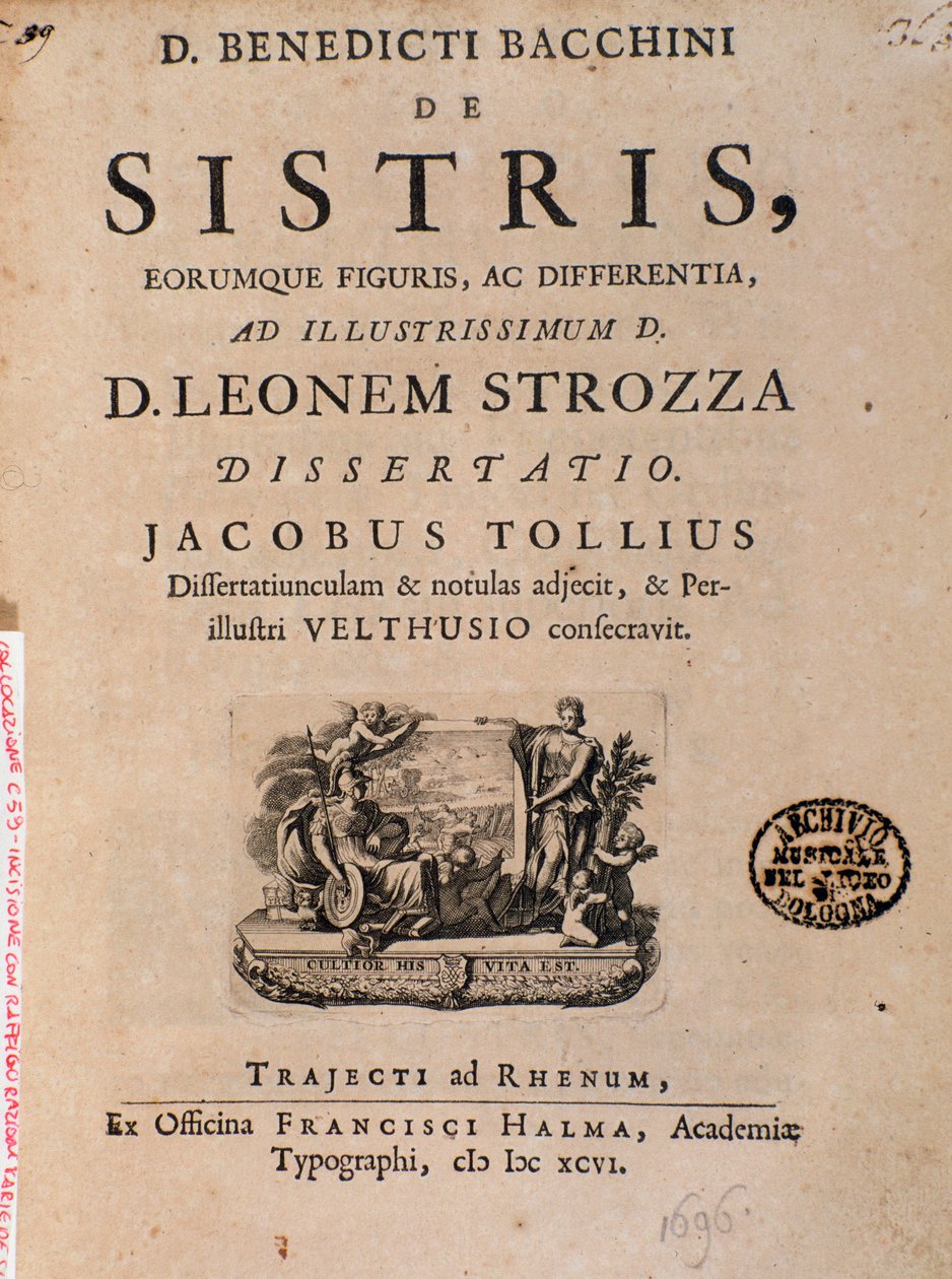 Frontispice fra "De sistri" av Benedictus Bacchinius av Italian School