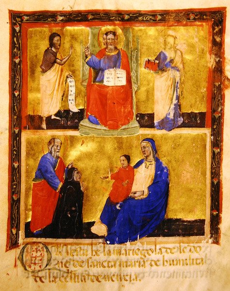 Frontispice, fra en Mariegola fra leklauget til Confraternity of the Madonna dellUmilita, 1391 (blekk og bladgull på vellum) av Italian School