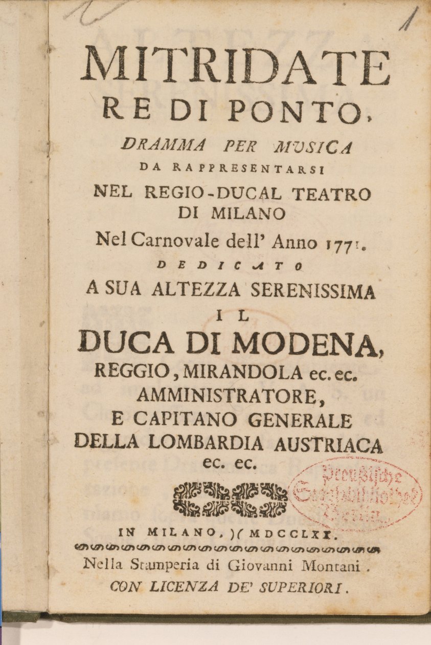 Frontispice fra en tidlig kopi av Mitridate, re di Ponte, en opera av Wolfgang Amadeus Mozart, 1770 av Italian School