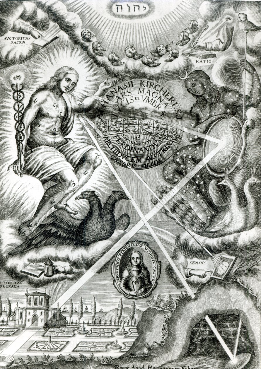 Frontispice av Ars Magna Lucis et Umbrae, av Athanasius Kircher (1601-80) Roma, 1646 av Italian School