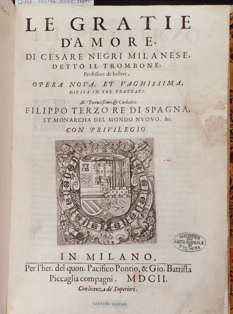 Frontispice av Le Gratie dAmore (Le Grazie dAmore) av den italienske danseren Cesare Negri kalt Il Trombone (1536-1604), traktat om dans av Italian School