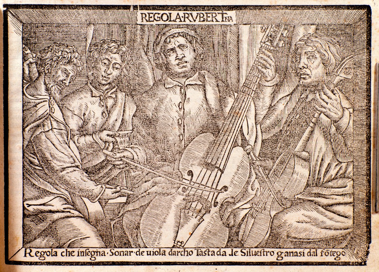 Frontispice av Regola Rubertina-avhandling om viola da gamba av Silvestro Ganassi fra Fontego av Italian School
