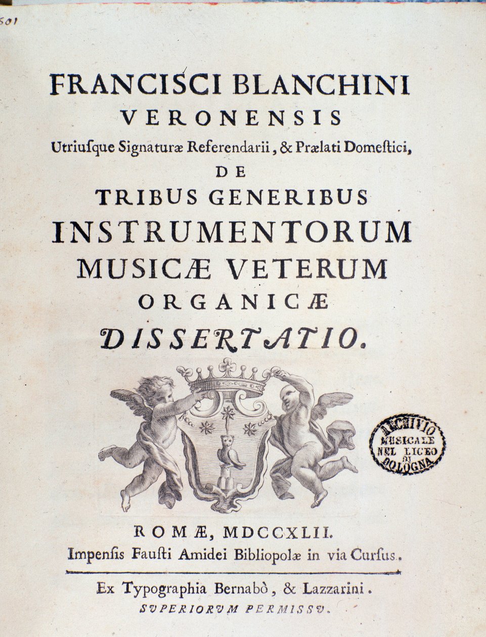 Frontispice av "" av Tribe Instrumentorum Musicae Veterum"" verk om gamle musikkinstrumenter av Francesco Brea av Italian School