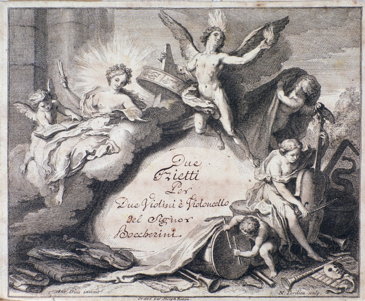 Frontispice av musikalsk partitur av To triets for to fioliner og cello av Luigi Boccherini av Italian School