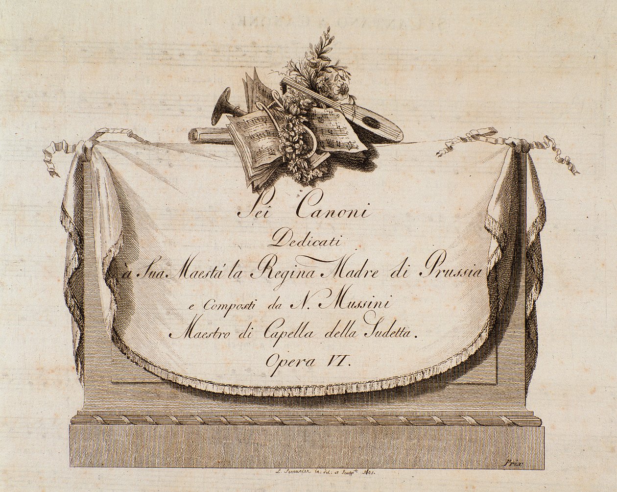 Frontispice av musikalsk partitur av Sei canoni av den italienske komponisten Natale Mussini (1765-1837) dedikert til dronningen av Preussen av Italian School