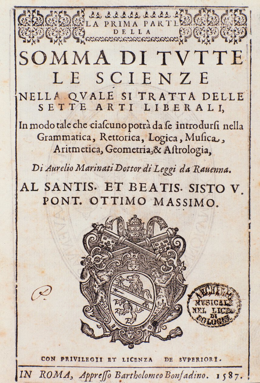 Frontispice hentet fra Sum of all sciences, essay om liberal arts, av Aurelio Marinati av Italian School