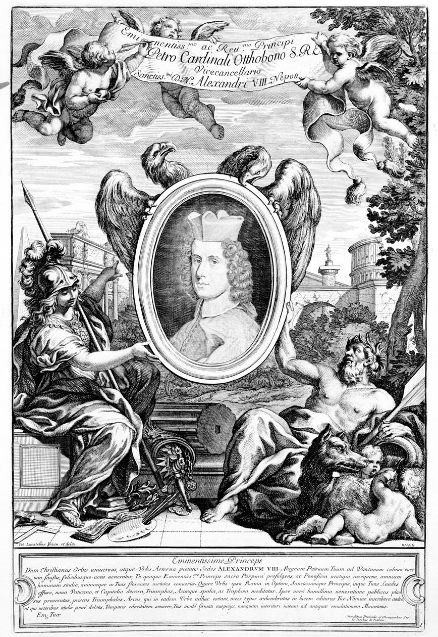 Frontispice til den gamle buen til Augustus med et portrett av kardinal Pietro Ottoboni, gravert av Robert van Audenaerde, 1690 av Italian School