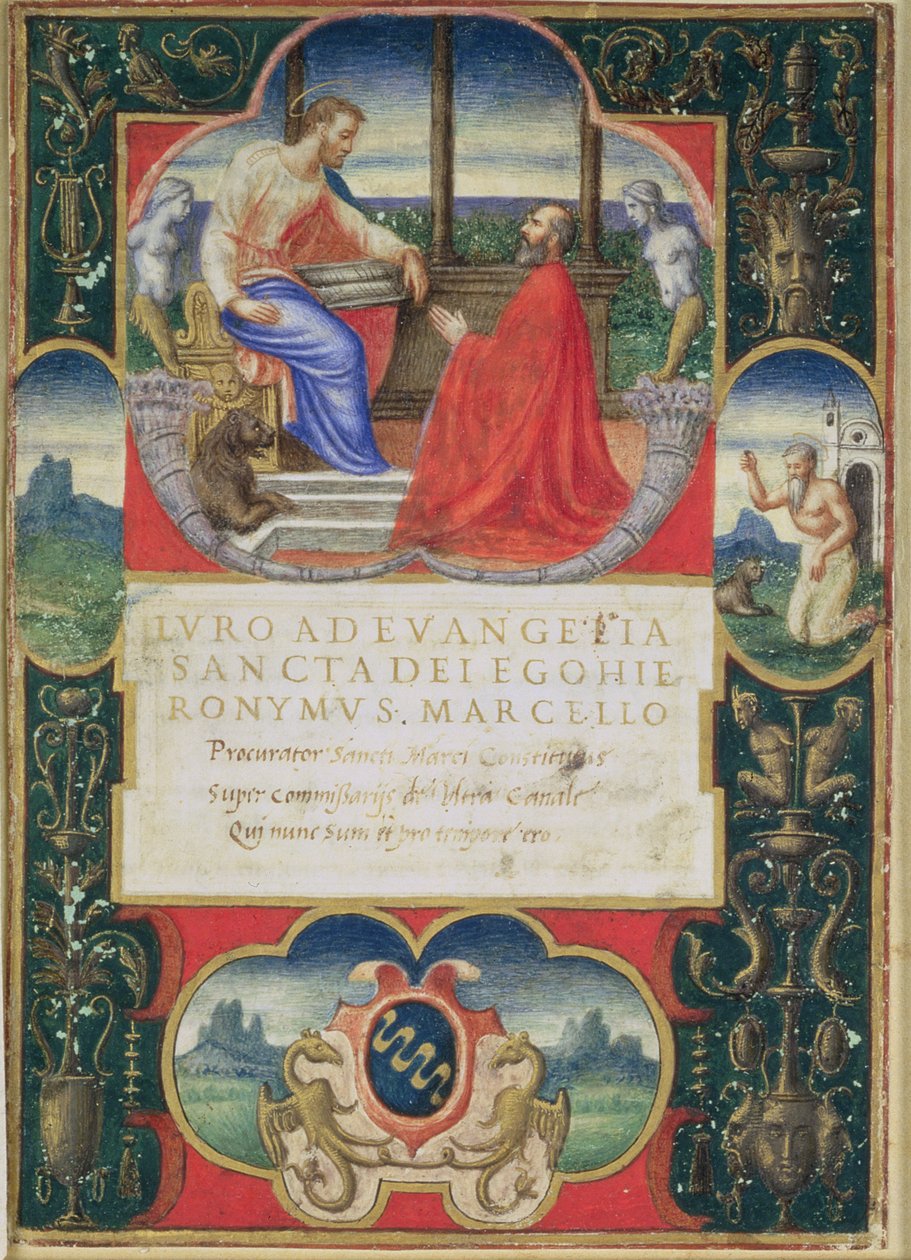 G. Marcello kneler foran St. Marco og St. Jerome og våpenskjoldet til Marcello Familly, 1537 av Italian School