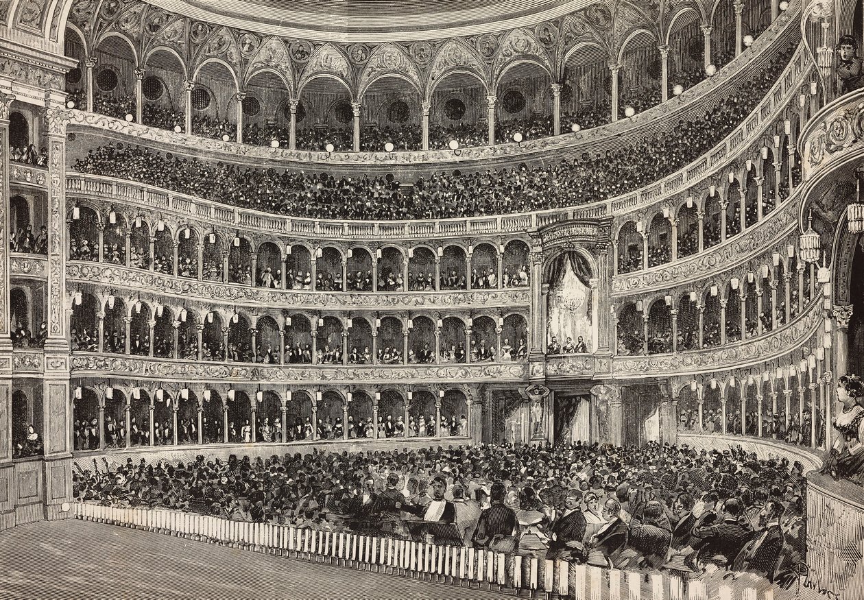 Gallaaften på Costanzo-teateret til ære for kronprinsen av Tyskland (fremtidens Frederick III), Roma, Italia, gravering fra tegning av Dante Paolocci, fra L
