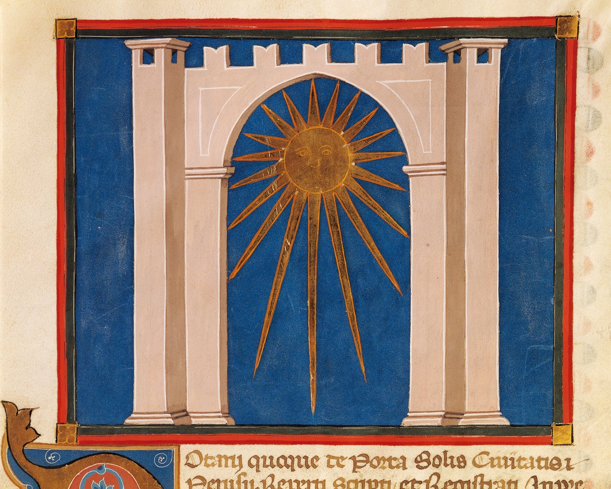 Gateway of the Sun, miniatyr fra Register of Notaries from Perugia, manuskript, Italia 14. århundre. av Italian School