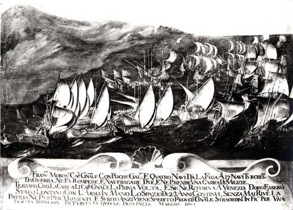 General Francisco Morosini (1618-94) og den venetianske flåten i et møte med den tyrkiske flåten utenfor kysten av Kreta, mai 1661 av Italian School