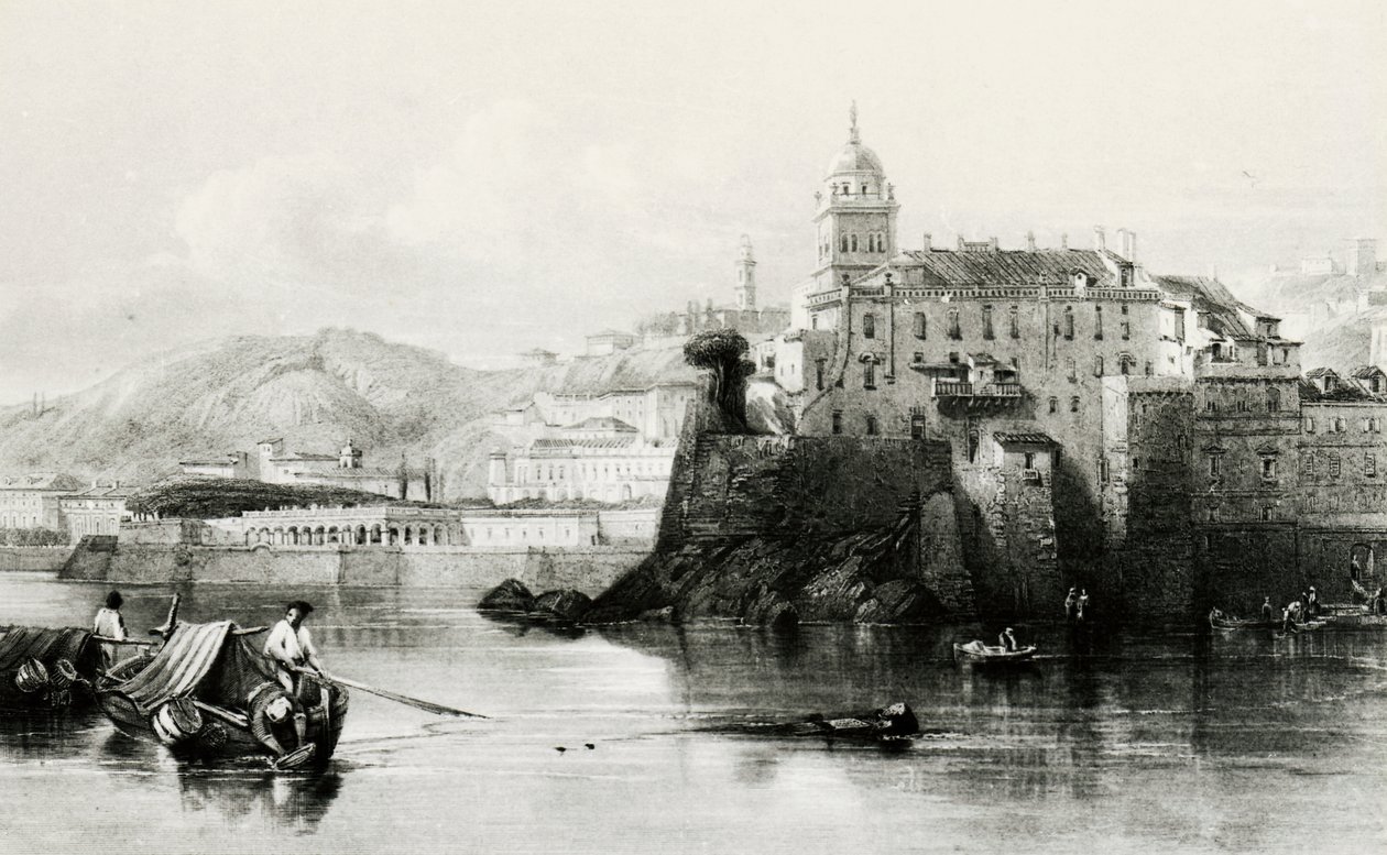Genova marinavegg med Villa Doria Pamphili i bakgrunnen, gravering, ca 1850, Italia av Italian School
