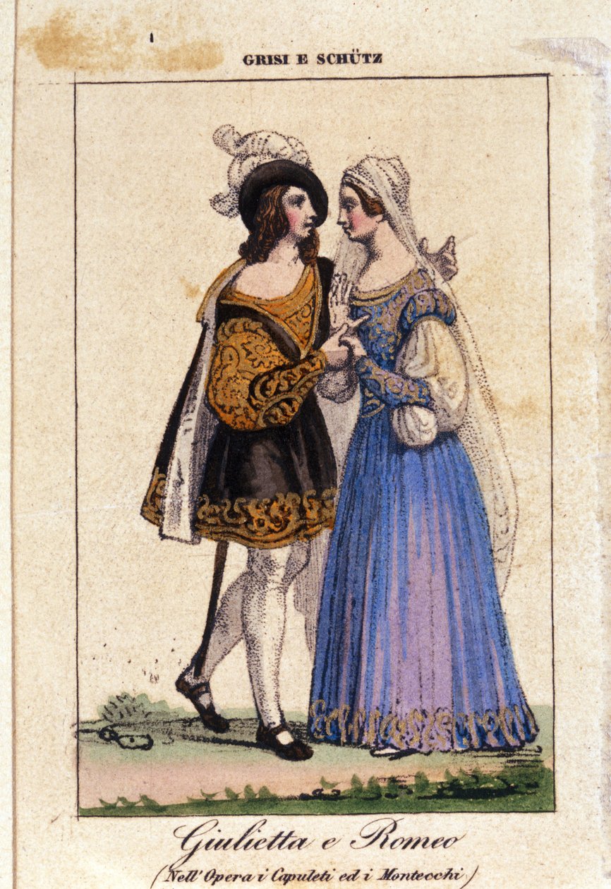 Giulia Grisi og Schutz tolker Romeo og Julie i "I Capuleti e i Montecchi" (Les Capulet et les Montaigu) av Vincenzo Bellini av Italian School