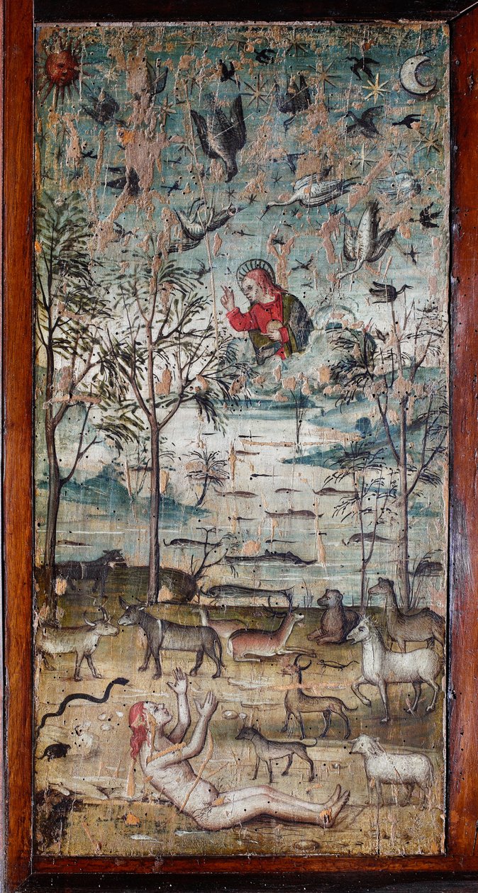 Gud skaper Adam, dyr, land, himmel og vann Tremaleri som dekorerer et skappanel av det gamle sakristiet til Bramante (maleri i sakristiet til Bramante) Basilica di Santa Maria delle Grazie, Milano, Italia av Italian School