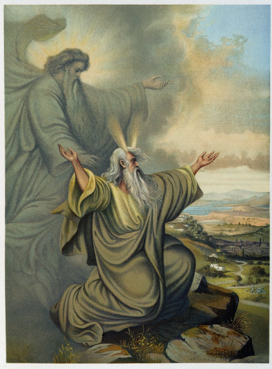 Gud viser Moses det lovede land - i "Classical Golden Bible: History of Divine Revelation in the Ancient and New Tension" "av Giovanni Ladislao Sykora (vol. 1), oversatt av Don Clemente Benetti. (italiensk bibel) av Italian School