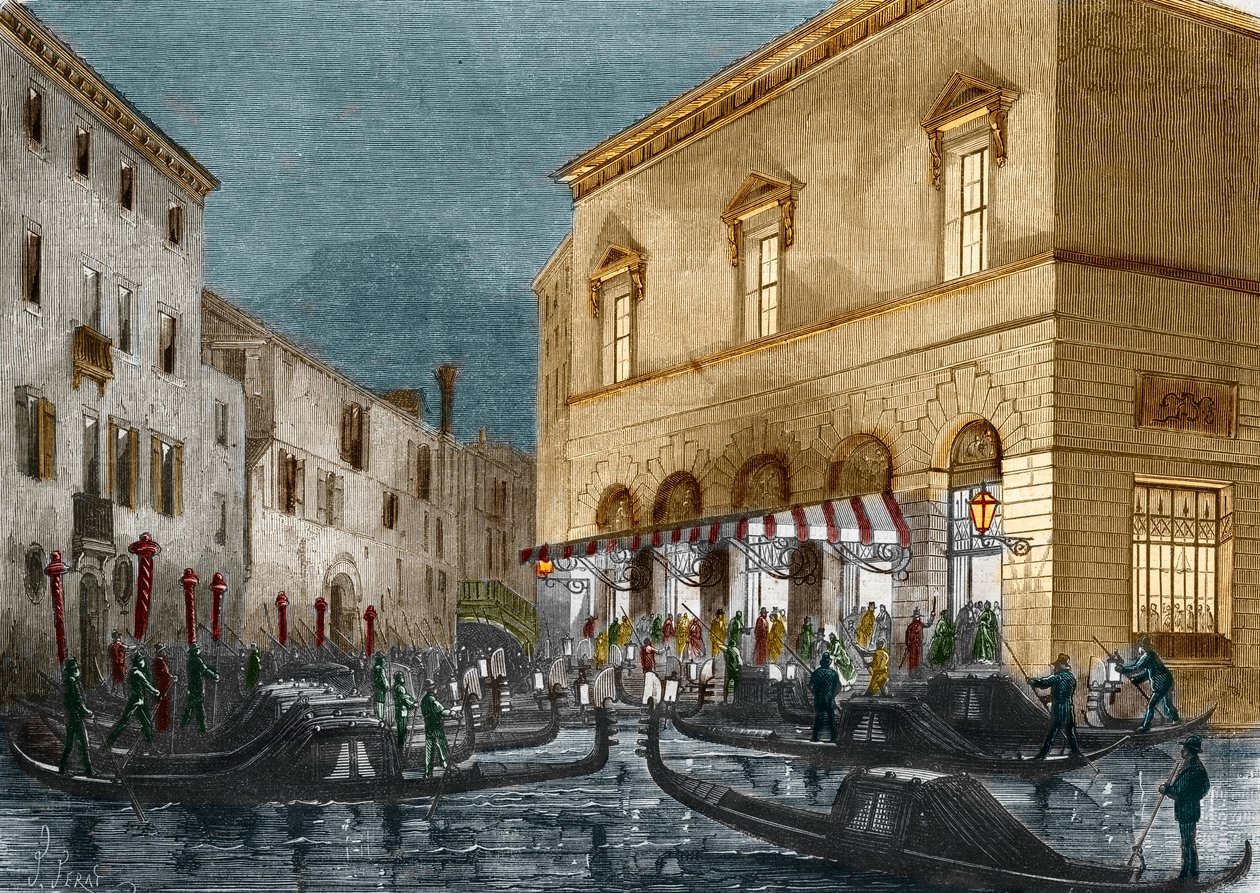Gondoliere venter på tilskuere utenfor Teatro La Fenice, Venezia, Italia, fra Le Monde Illustre n°564, 1868 av Italian School