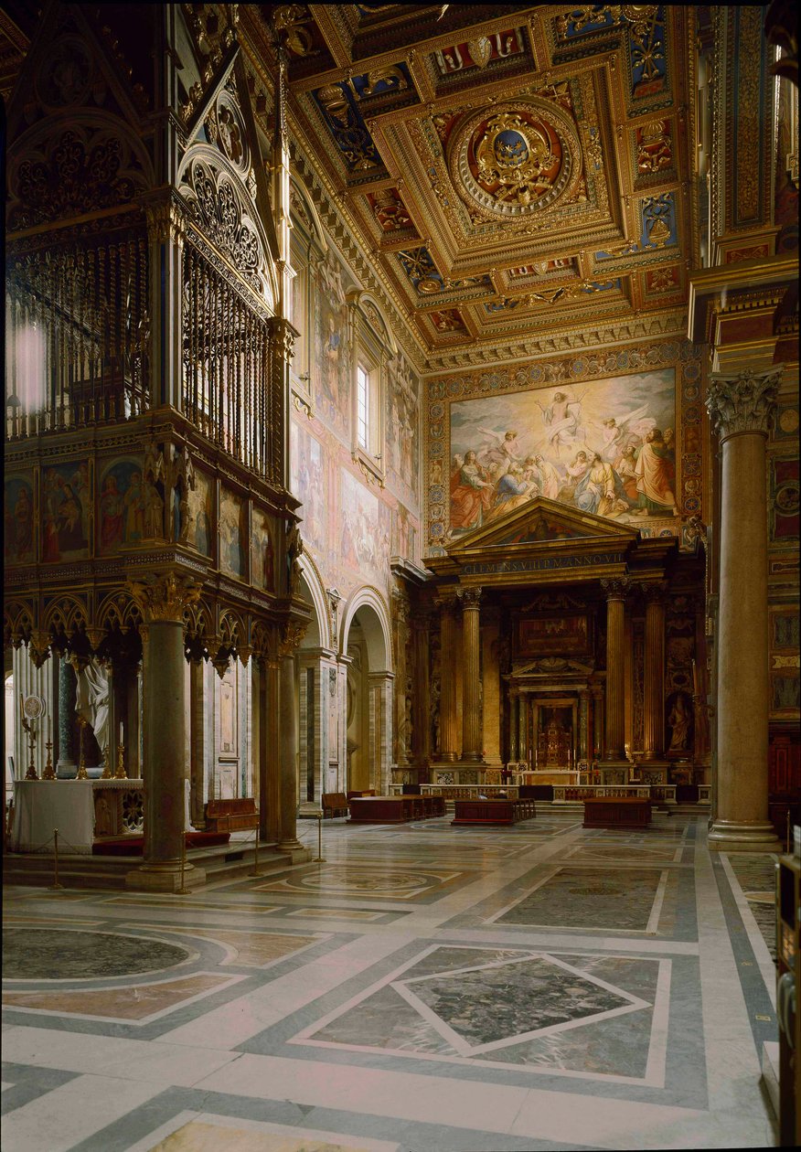 Gotisk kunst: utsikt over det pavelige alteret over Tabernaklet laget av Giovanni di Stefano rundt 1367 pryder tolv paneler dekorert med fresker av Barna da Siena (1300-tallet). 1367-1368. Basilica of St. John of Laterano (San Giovanni in Laterano) av Italian School