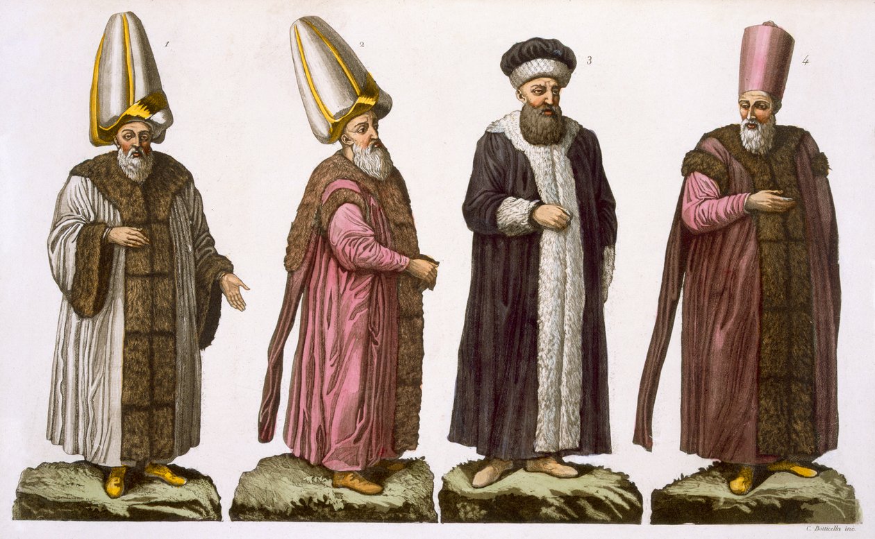 Grand Visir, Caim-Mecam, Reis-Efendi og Khodjakian, plate 15 fra del III, bind I av The History of the Nations, gravert av C. Botticella (akvatint) av Italian School