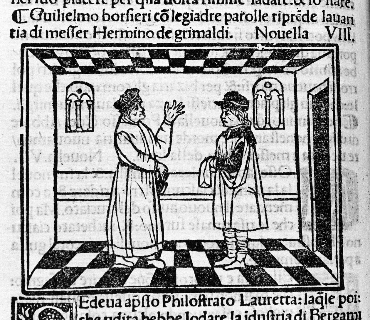 Grimaldis gjerrige Erminio står overfor Guglielmo Borsiere, som prøver å hente penger fra ham med fine ord. Illustrasjon for den nye 61 (Ny 8 av den første dagen) av "Decameron"" av Giovanni Boccaccio dit Jean Boccaccio (1313-1375), italiensk forfatter. En av Italian School