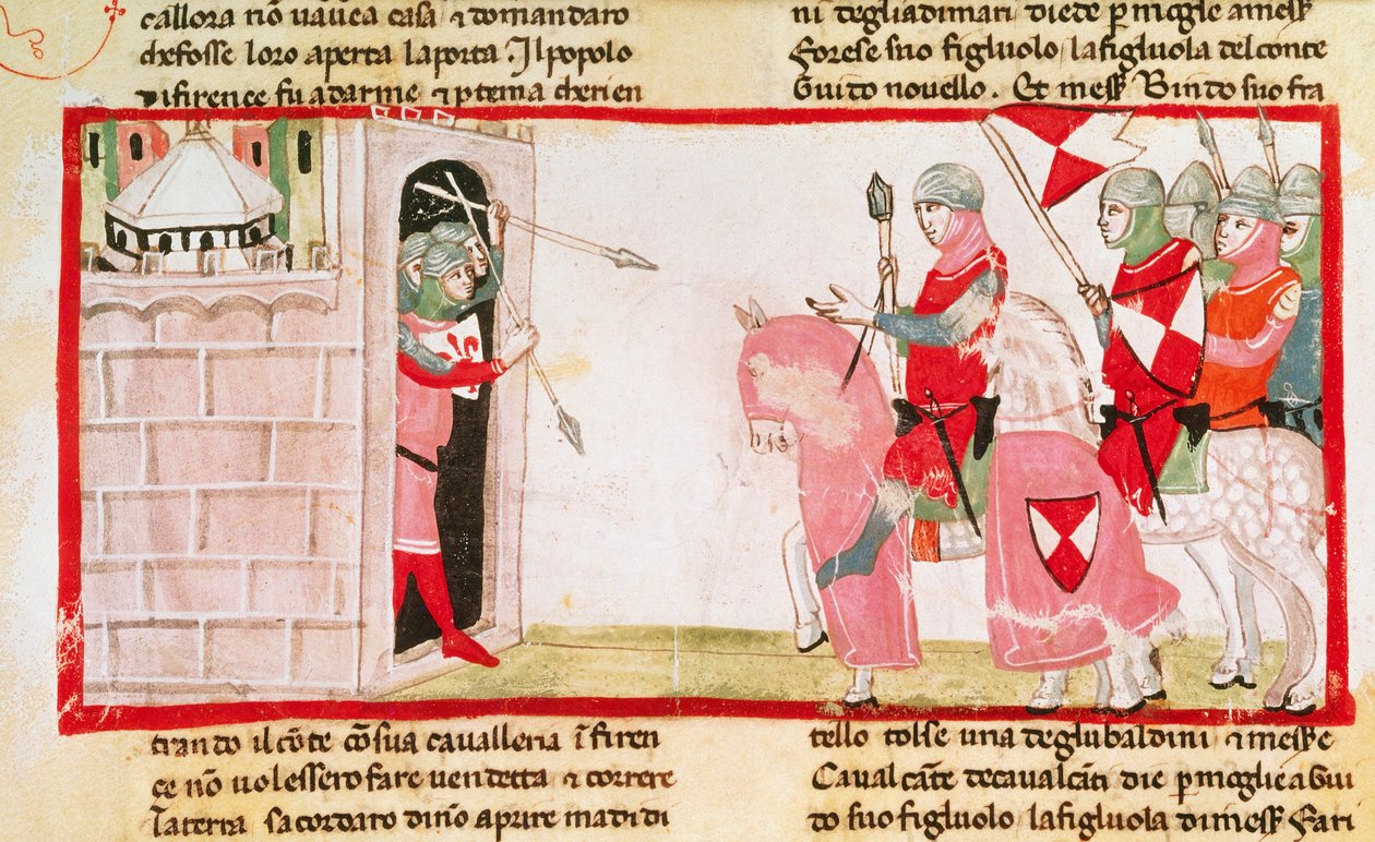 Guelfs blokkerer Ghibellines fra å komme inn i byen igjen, miniatyr fra Cronica (Chronicles) av Giovanni Villani, manuskript, Italia 14. århundre. av Italian School