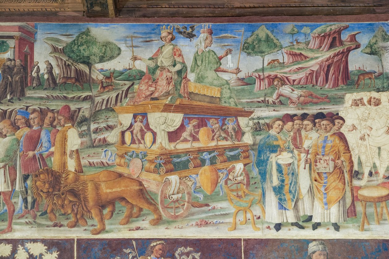 Månedens hall, Northern Wall: "Juli" med triumfen til Jupiter og Cybele, ca. 1468-70 (fresco) av Italian School