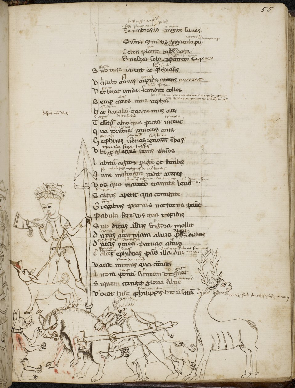 Harley 2453, f.55 En jaktscene med en villsvin, en hjort, jegere, hunder og en hare, fra 'Tragodiae', av Lucius Annaeus Seneca av Italian School