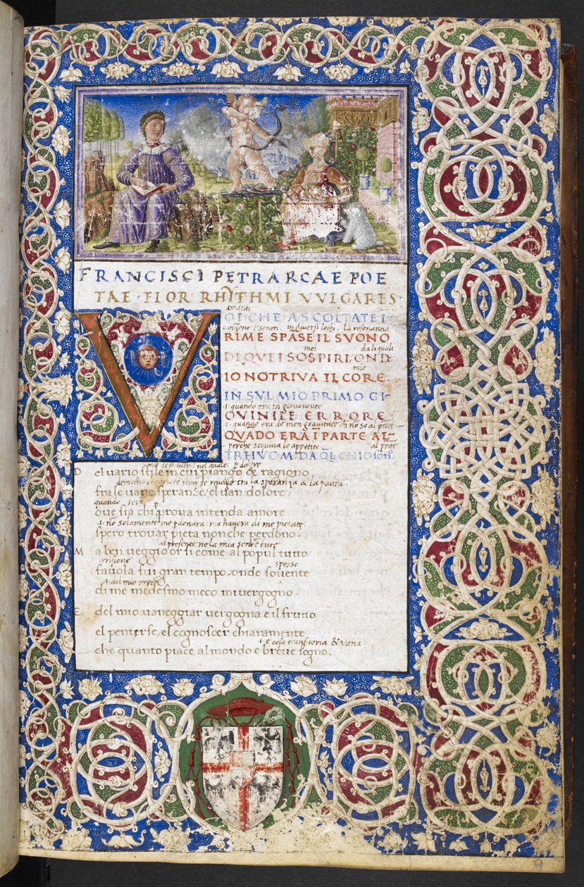 Harley 3567, f.9 Miniature of Petrarch and Laura, med kjærlighet rettet pilen mot Laura, fra 