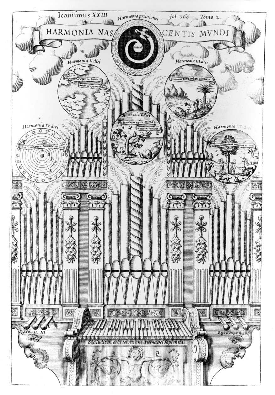 Harmony of the Birth of the World (Harmonia Nascentis Mundi), illustrasjon fra Musurgia Universalis, Vol.2, fol.366, av Athanasius Kircher, utgitt i Roma, 1650 av Italian School