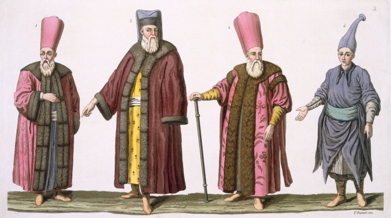 Head Usher of the Harem, Captain of the Harem Ushers, Harem Usher og Pageboy, plate 3 fra del III, bind I av The History of the Nations, gravert av V. Raineri (akvatint) av Italian School